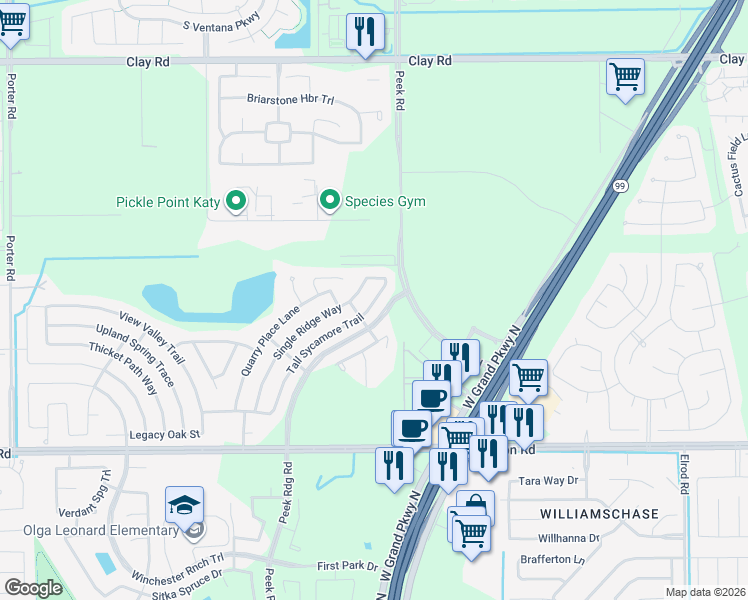 map of restaurants, bars, coffee shops, grocery stores, and more near 3518 Single Ridge Way in Katy