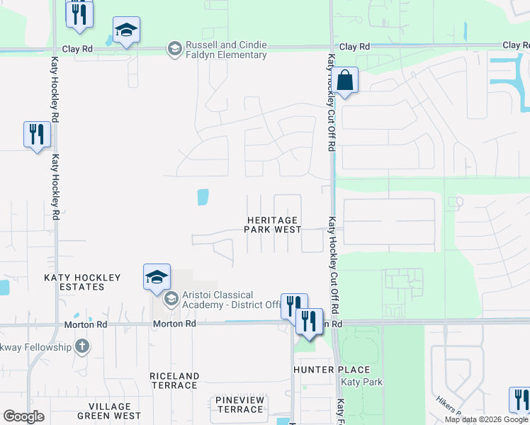 map of restaurants, bars, coffee shops, grocery stores, and more near 3404 Jan Court in Katy
