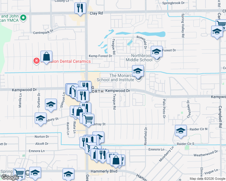 map of restaurants, bars, coffee shops, grocery stores, and more near 10107 Kempwood Drive in Houston