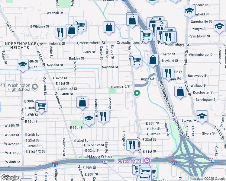 map of restaurants, bars, coffee shops, grocery stores, and more near 1001 East 40th Street in Houston