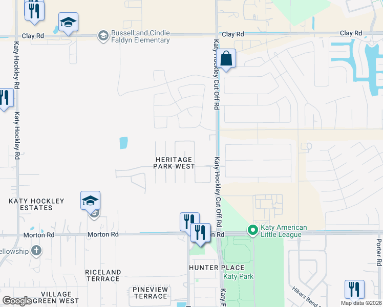 map of restaurants, bars, coffee shops, grocery stores, and more near 3360 Berzin Court in Katy