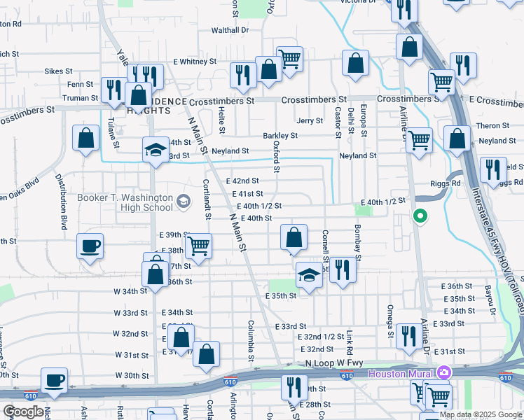 map of restaurants, bars, coffee shops, grocery stores, and more near 529 East 40th 1/2 Street in Houston