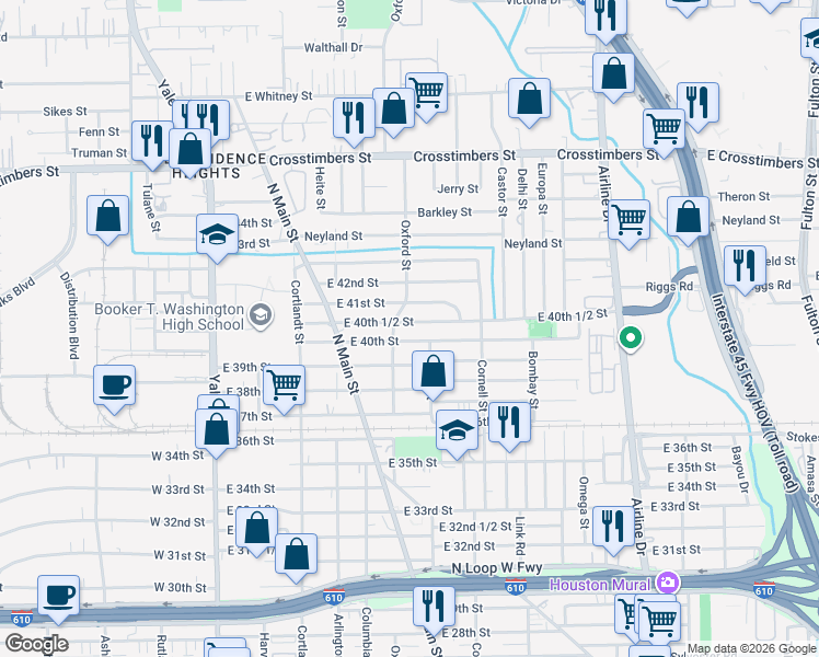 map of restaurants, bars, coffee shops, grocery stores, and more near 529 East 40th 1/2 Street in Houston