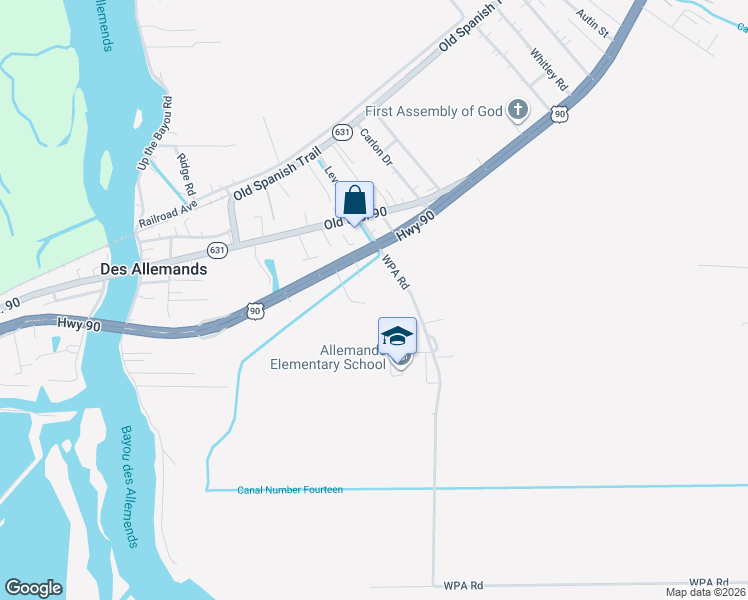map of restaurants, bars, coffee shops, grocery stores, and more near 1587 WPA Road in Des Allemands
