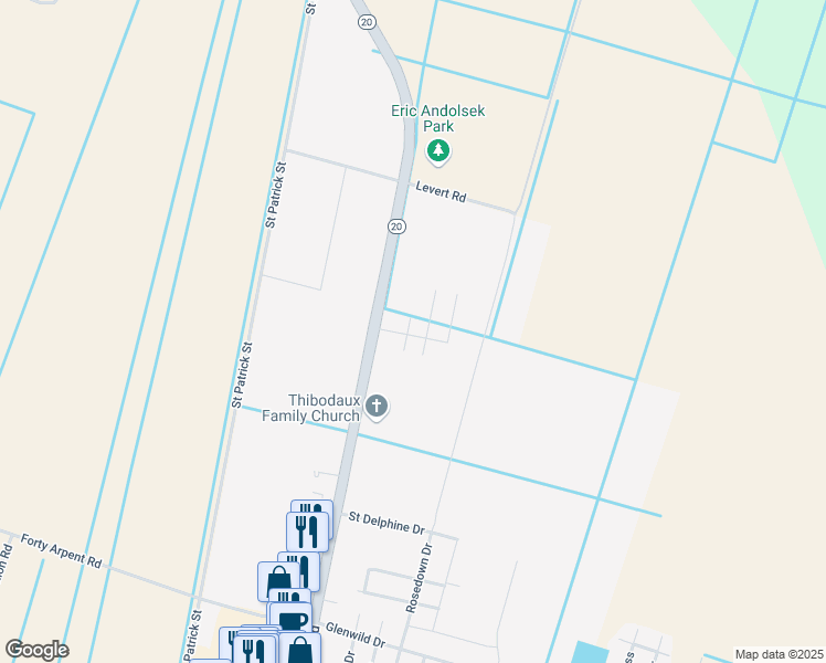map of restaurants, bars, coffee shops, grocery stores, and more near 201 Swanson Drive in Thibodaux