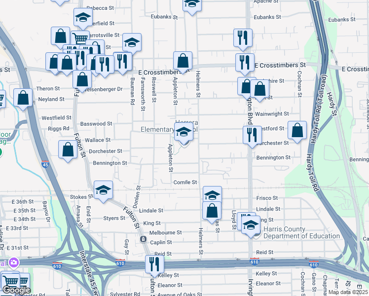 map of restaurants, bars, coffee shops, grocery stores, and more near 525 Bennington Street in Houston