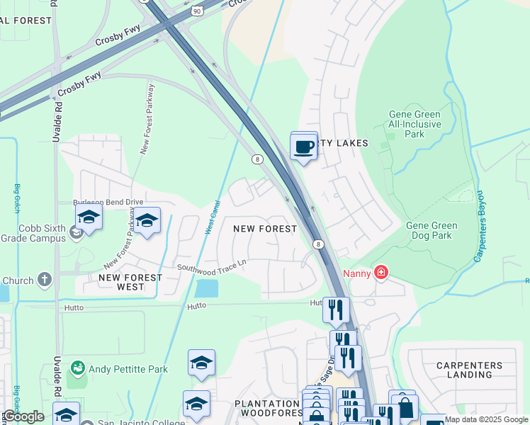 map of restaurants, bars, coffee shops, grocery stores, and more near 6830 Russelfield Lane in Houston