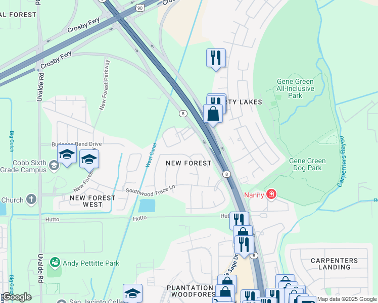 map of restaurants, bars, coffee shops, grocery stores, and more near 6830 Russelfield Lane in Houston