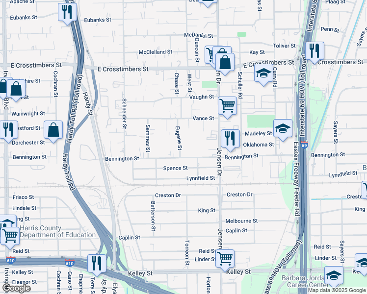 map of restaurants, bars, coffee shops, grocery stores, and more near 7006 Eugene Street in Houston