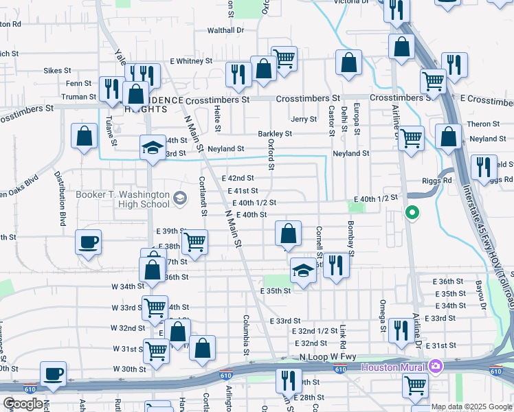 map of restaurants, bars, coffee shops, grocery stores, and more near 529 East 40th 1/2 Street in Houston