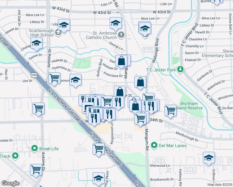 map of restaurants, bars, coffee shops, grocery stores, and more near 4914 Milwee Street in Houston