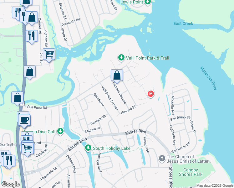 map of restaurants, bars, coffee shops, grocery stores, and more near 3970 Barbara Terrace in St. Augustine