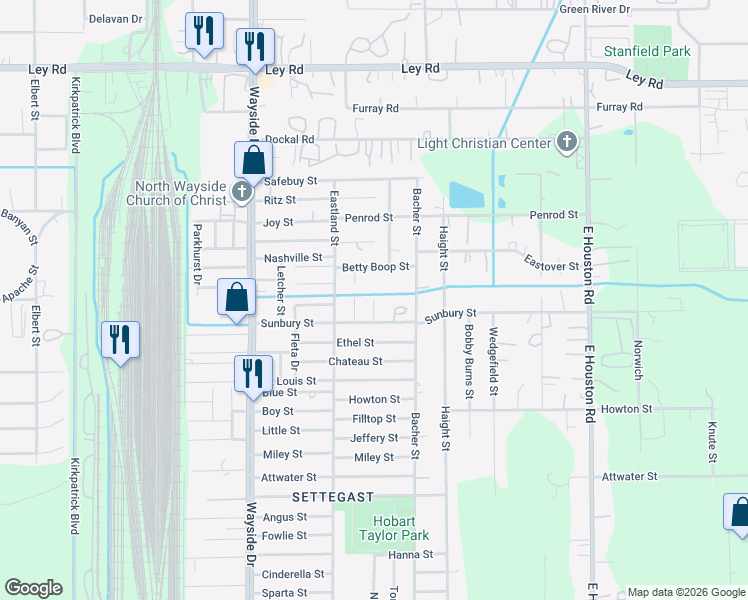 map of restaurants, bars, coffee shops, grocery stores, and more near 6518 Midway Street in Houston