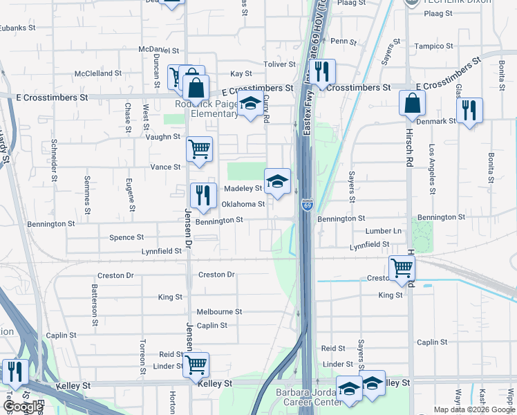 map of restaurants, bars, coffee shops, grocery stores, and more near 3205 Oklahoma Street in Houston