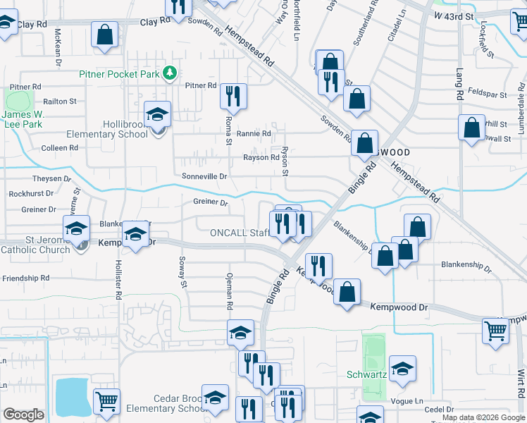 map of restaurants, bars, coffee shops, grocery stores, and more near 3111 Farmington Street in Houston