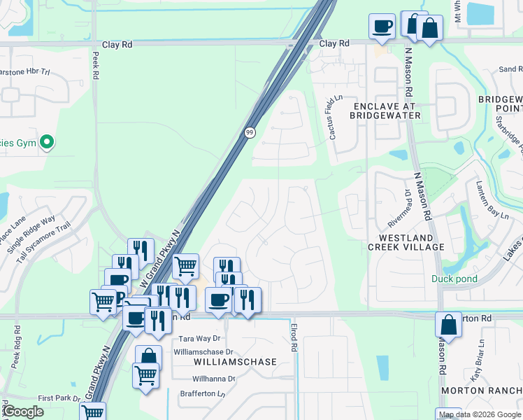 map of restaurants, bars, coffee shops, grocery stores, and more near 3515 Daniel Falls Lane in Katy