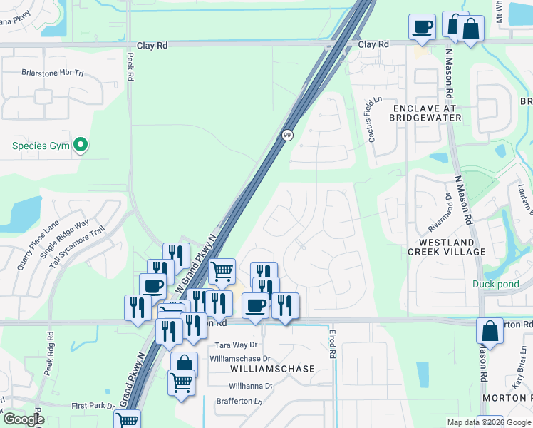 map of restaurants, bars, coffee shops, grocery stores, and more near 22743 Worth Hills Lane in Katy