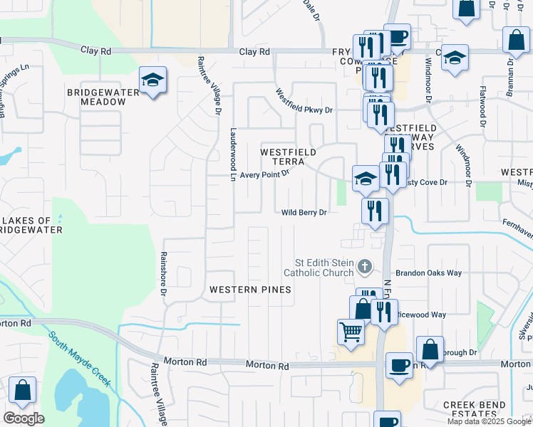map of restaurants, bars, coffee shops, grocery stores, and more near 3611 Havenmoor Place in Katy
