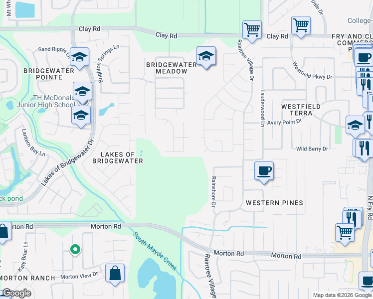 map of restaurants, bars, coffee shops, grocery stores, and more near 3422 Denton Meadows Court in Katy