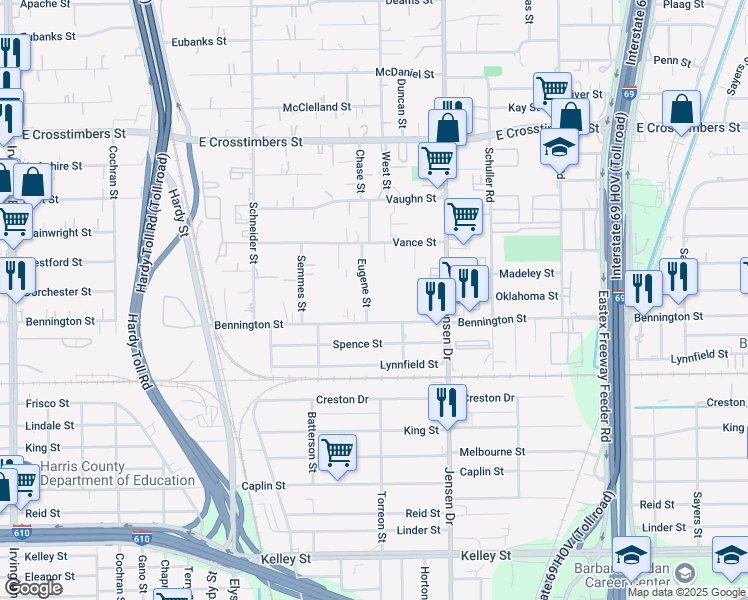 map of restaurants, bars, coffee shops, grocery stores, and more near 7006 Eugene Street in Houston