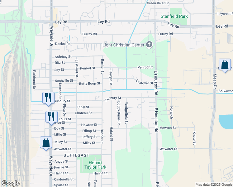 map of restaurants, bars, coffee shops, grocery stores, and more near 8211 Sunbury Street in Houston