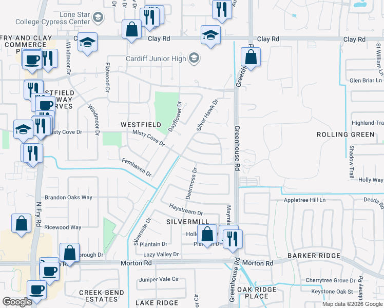 map of restaurants, bars, coffee shops, grocery stores, and more near 19411 Cactus Rose Drive in Katy