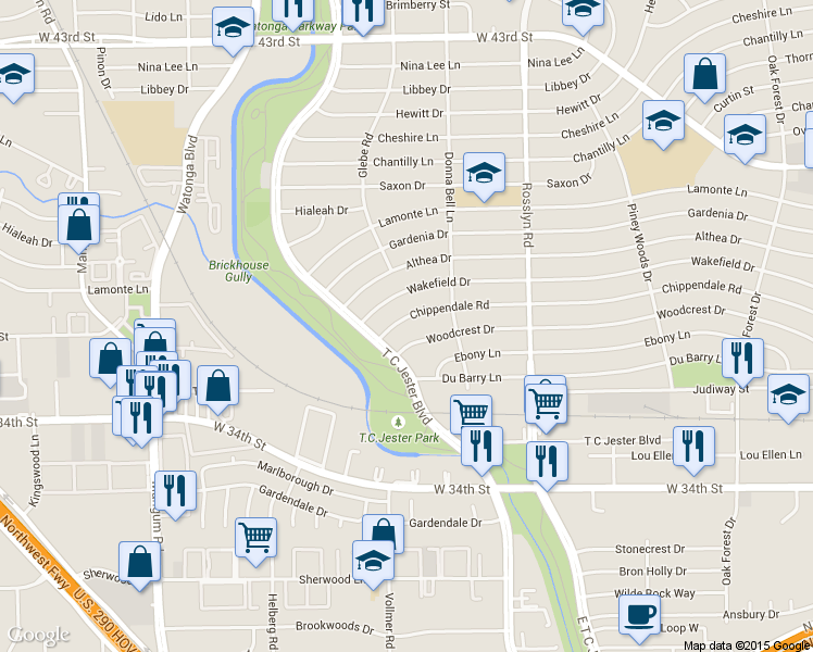 map of restaurants, bars, coffee shops, grocery stores, and more near 2111 Chippendale Road in Houston