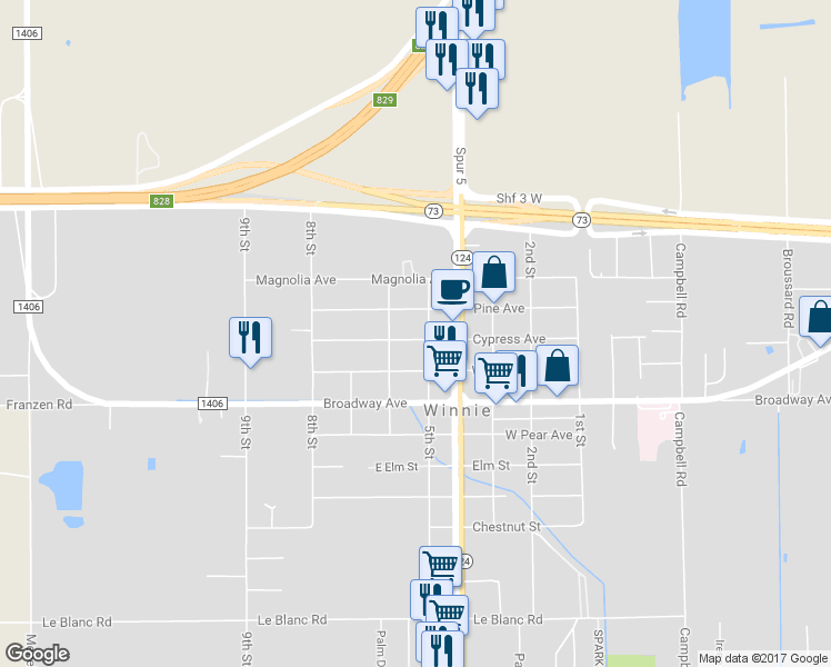 map of restaurants, bars, coffee shops, grocery stores, and more near 210 Cypress Avenue in Winnie