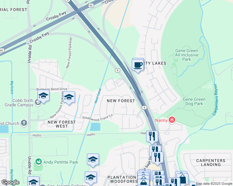 map of restaurants, bars, coffee shops, grocery stores, and more near 6830 Russelfield Lane in Houston