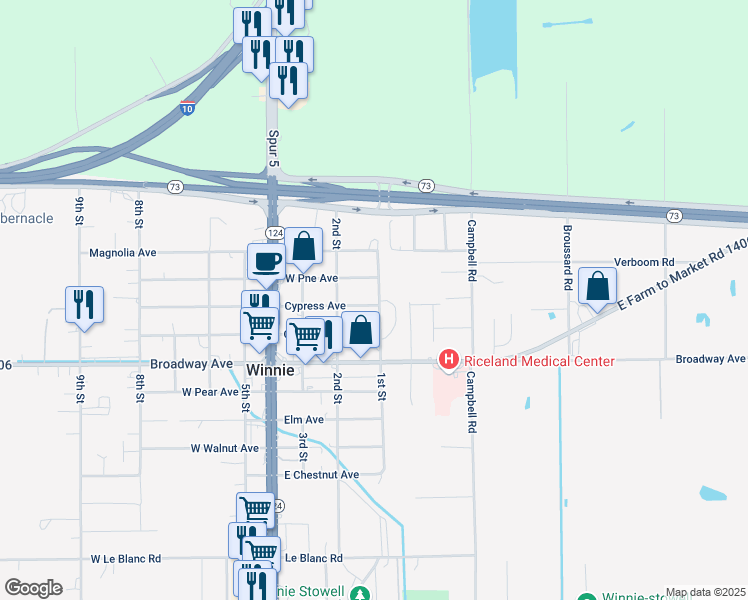 map of restaurants, bars, coffee shops, grocery stores, and more near 328 East Pine in Winnie