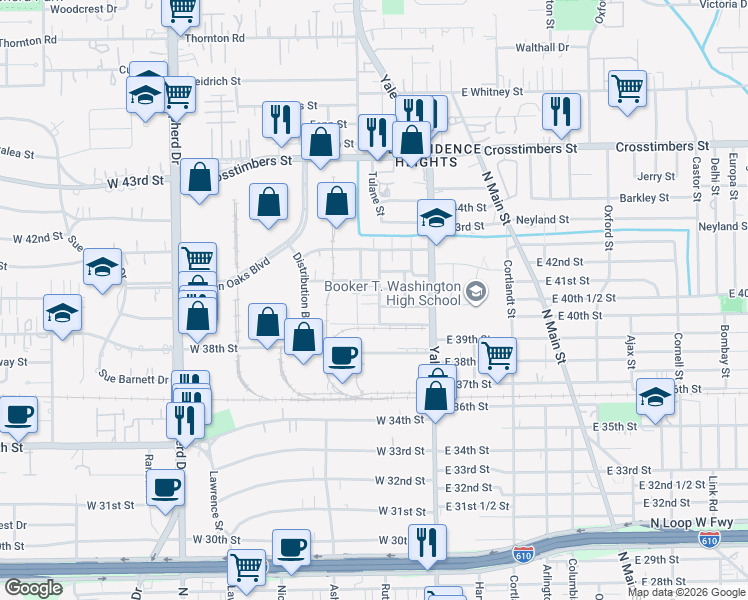 map of restaurants, bars, coffee shops, grocery stores, and more near 217 Pheasant Street in Houston