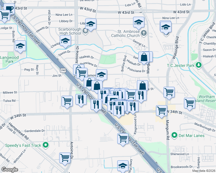map of restaurants, bars, coffee shops, grocery stores, and more near 5218 Milwee Street in Houston