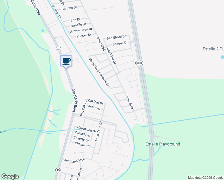 map of restaurants, bars, coffee shops, grocery stores, and more near 2733 Bayou Bleu Drive in Marrero