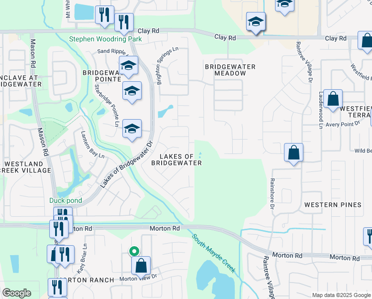 map of restaurants, bars, coffee shops, grocery stores, and more near 3634 Lakeaires Lane in Katy