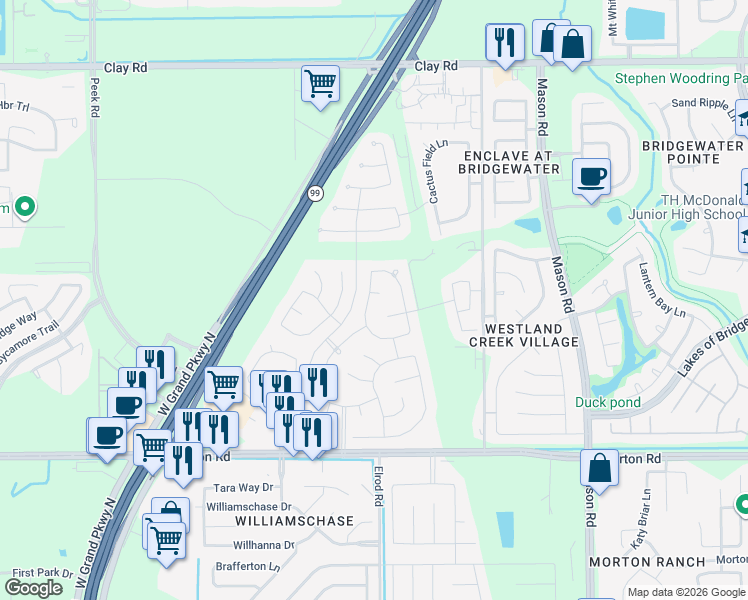 map of restaurants, bars, coffee shops, grocery stores, and more near 22511 Bryan Pond Court in Katy