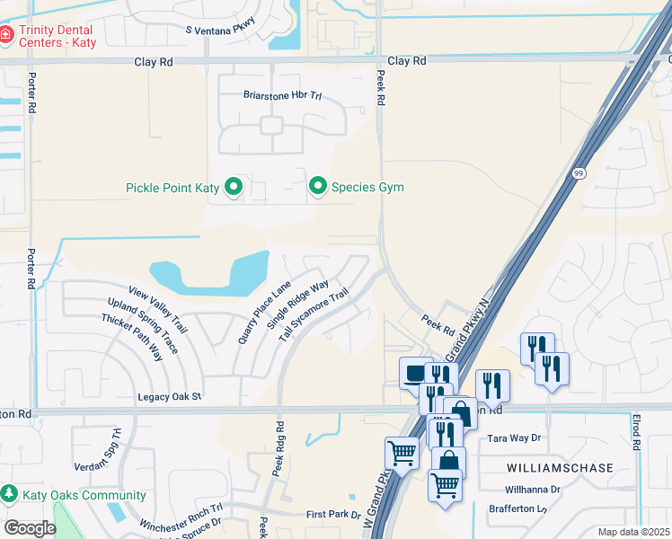 map of restaurants, bars, coffee shops, grocery stores, and more near 3518 Single Ridge Way in Katy