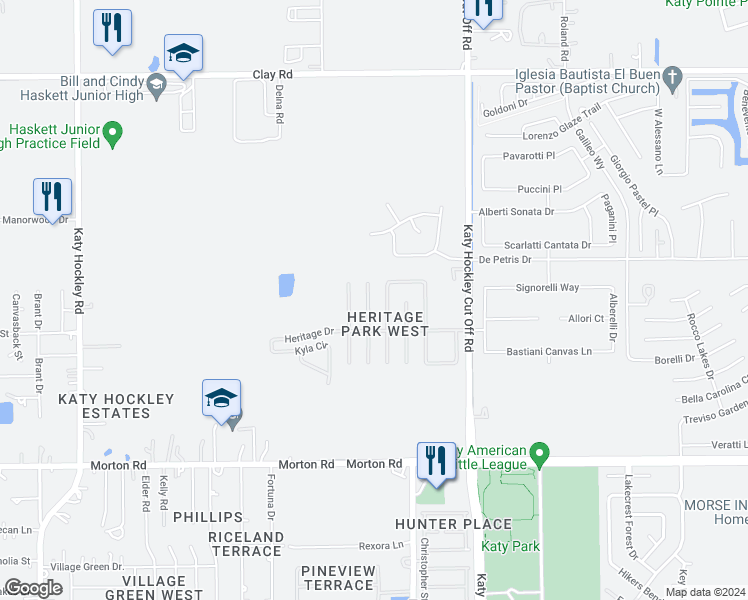 map of restaurants, bars, coffee shops, grocery stores, and more near 3400 Jan Court in Katy