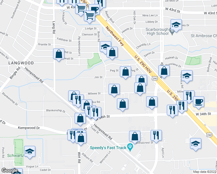 map of restaurants, bars, coffee shops, grocery stores, and more near 6202 Milwee Street in Houston