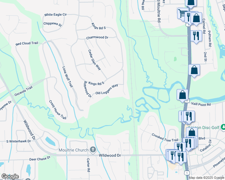 map of restaurants, bars, coffee shops, grocery stores, and more near 713 Old Loggers Way in St. Augustine