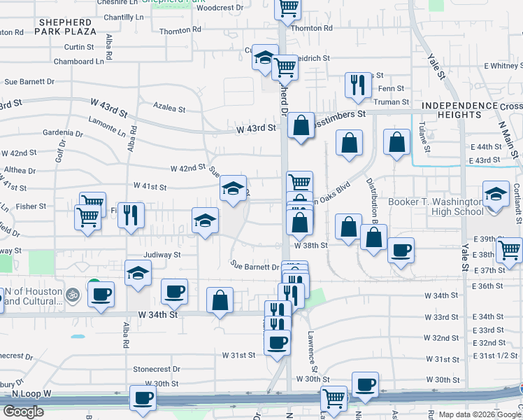 map of restaurants, bars, coffee shops, grocery stores, and more near 717 Garden Oaks Boulevard in Houston