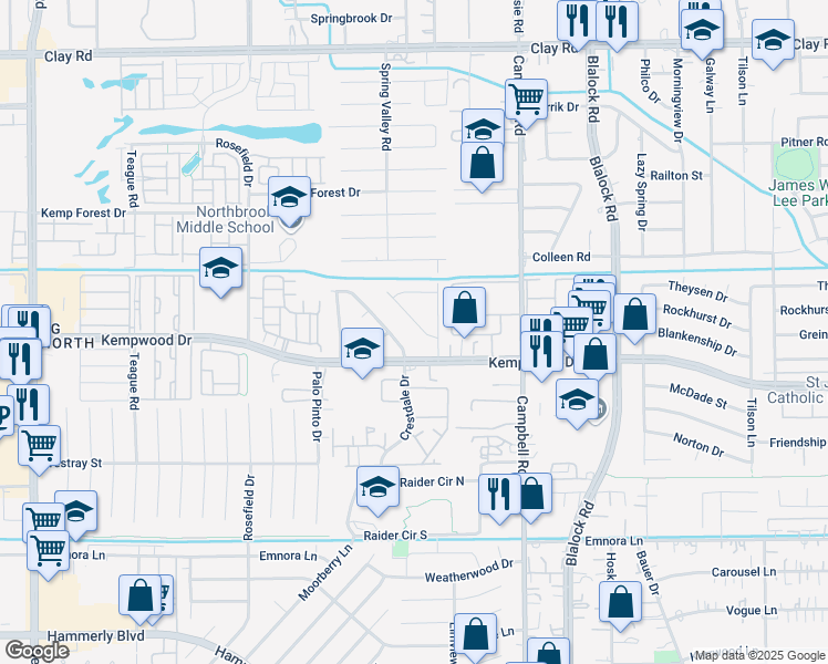 map of restaurants, bars, coffee shops, grocery stores, and more near 3315 Spring Valley Road in Houston