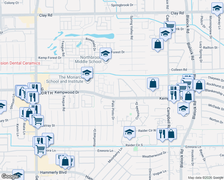 map of restaurants, bars, coffee shops, grocery stores, and more near Mocking Bird Hill Lane in Houston