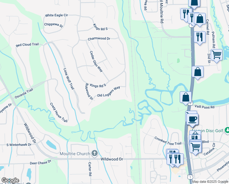 map of restaurants, bars, coffee shops, grocery stores, and more near 713 Old Loggers Way in St. Augustine