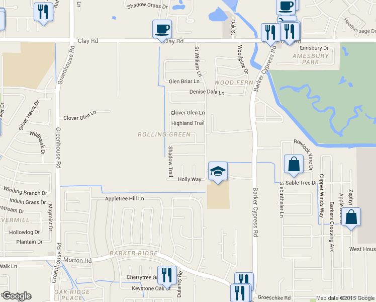 map of restaurants, bars, coffee shops, grocery stores, and more near 18730 Wonder Land Way in Houston