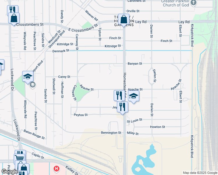 map of restaurants, bars, coffee shops, grocery stores, and more near 7009 Apache Street in Houston