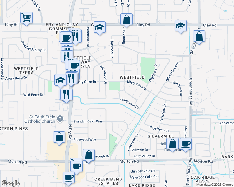 map of restaurants, bars, coffee shops, grocery stores, and more near 3515 Sweetspire Road in Katy