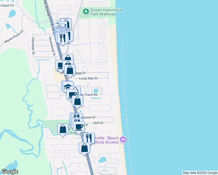 map of restaurants, bars, coffee shops, grocery stores, and more near 4 Ocean Trace Road in St. Augustine