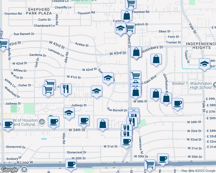 map of restaurants, bars, coffee shops, grocery stores, and more near 901 Sue Barnett Drive in Houston