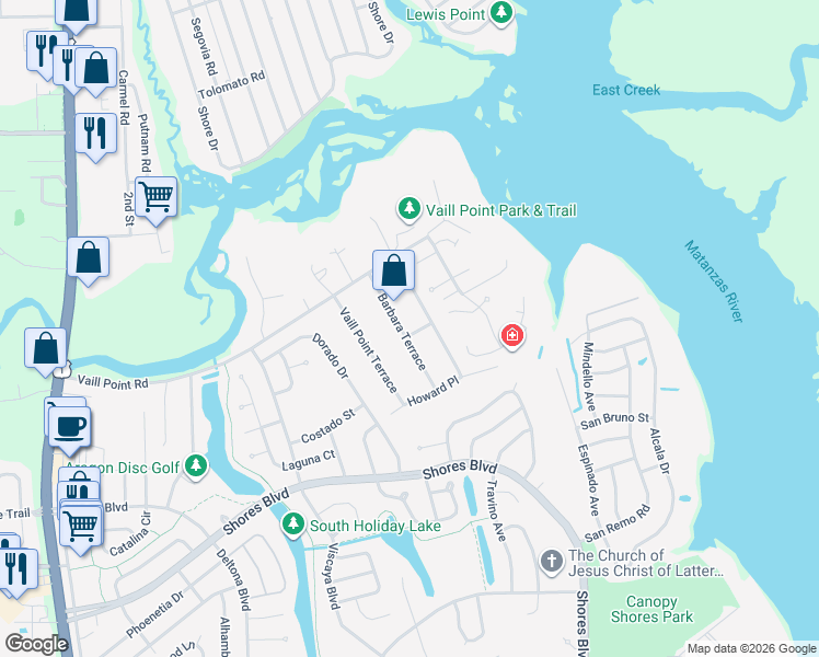 map of restaurants, bars, coffee shops, grocery stores, and more near 3970 Barbara Terrace in St. Augustine