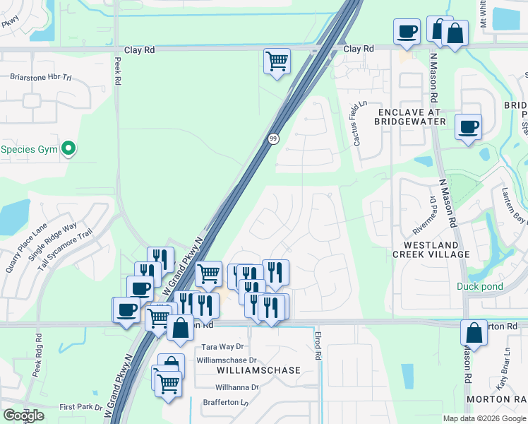 map of restaurants, bars, coffee shops, grocery stores, and more near 22743 Worth Hills Lane in Katy